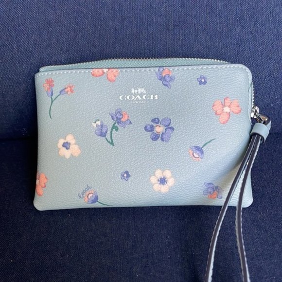 Coach Handbags - Coach Mystical Floral Corner Zip Wristlet Light Teal Multi